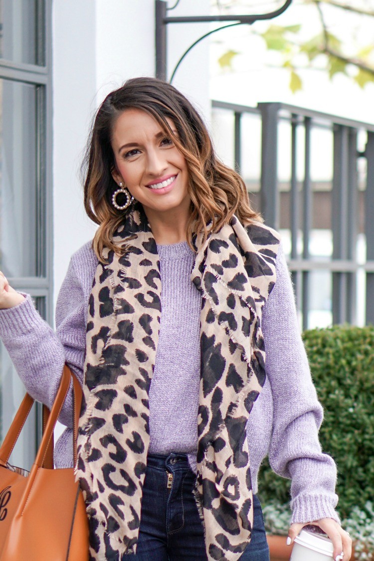 Lavender sweater and Stella and Ruby pearl statement earrings