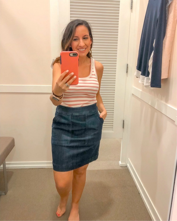 Loft Try-On Session Stripe tank and denim skirt