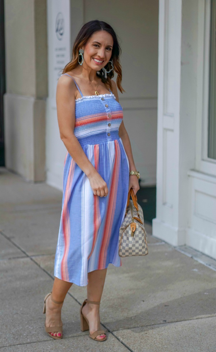 Smocked Bodice Stripe Midi Dress