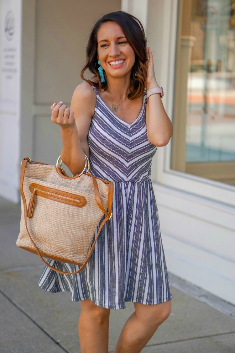 Black and white striped dress and the cutest $22 handbag