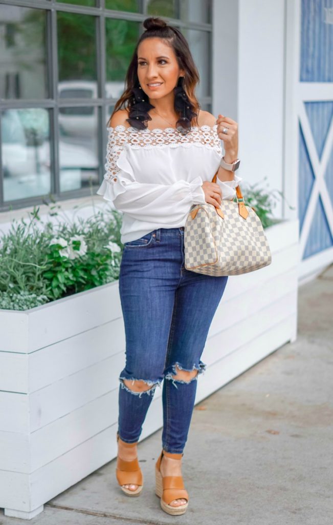 Top Knot And Off The Shoulder Ruffle Top - Pretty In Her Pearls