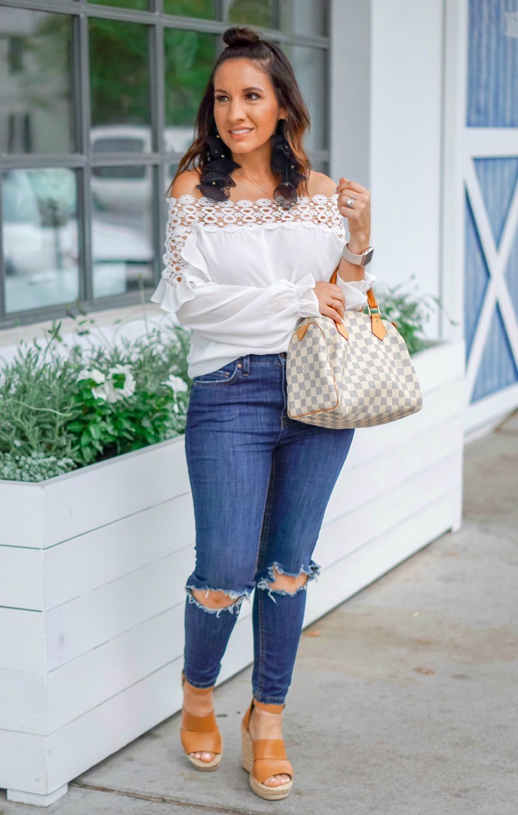 Off the shoulder top, skinny jeans, and wedges