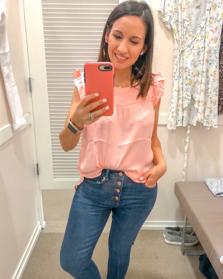 Pink Ruffle Top and button down jeans