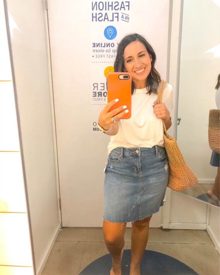 Old Navy Distressed Denim Skirt and Cute White Tee