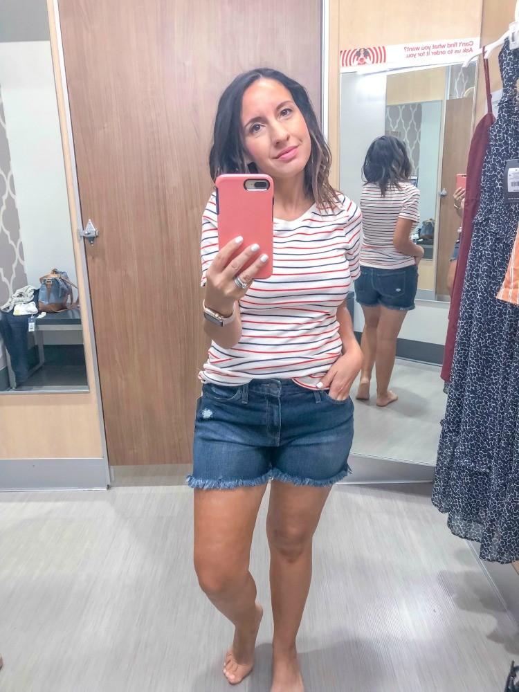 Cute Red and Blue Striped Tee and Denim Shorts