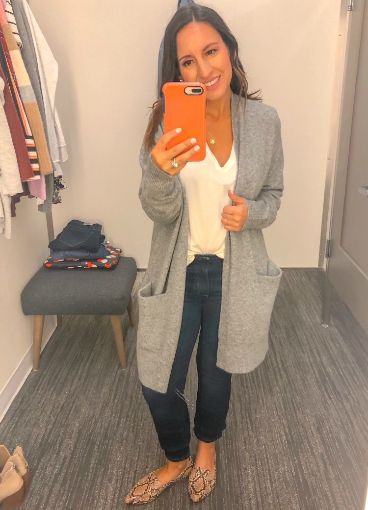 Madewell Cardigan, Basic White tee, Jeans , and flats
