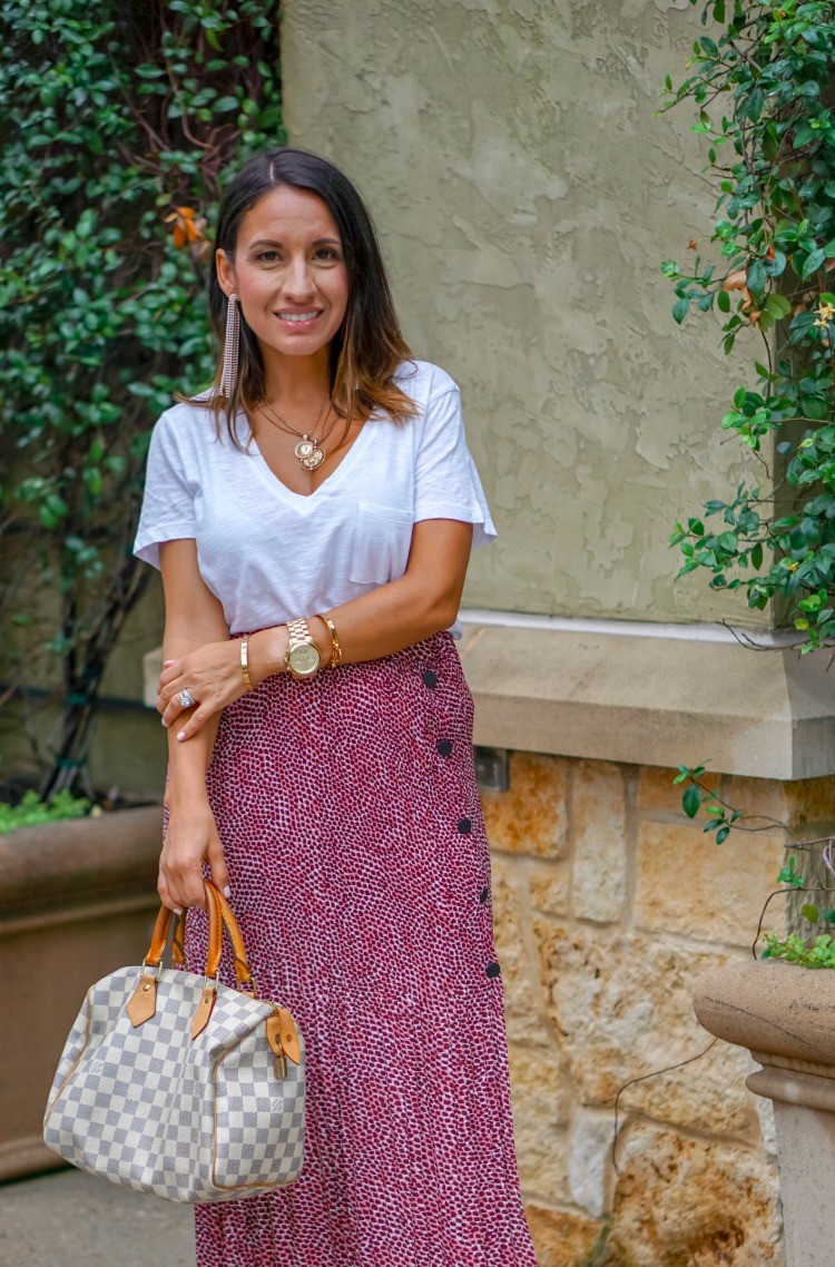 Red and White Pleated Midi Skirt