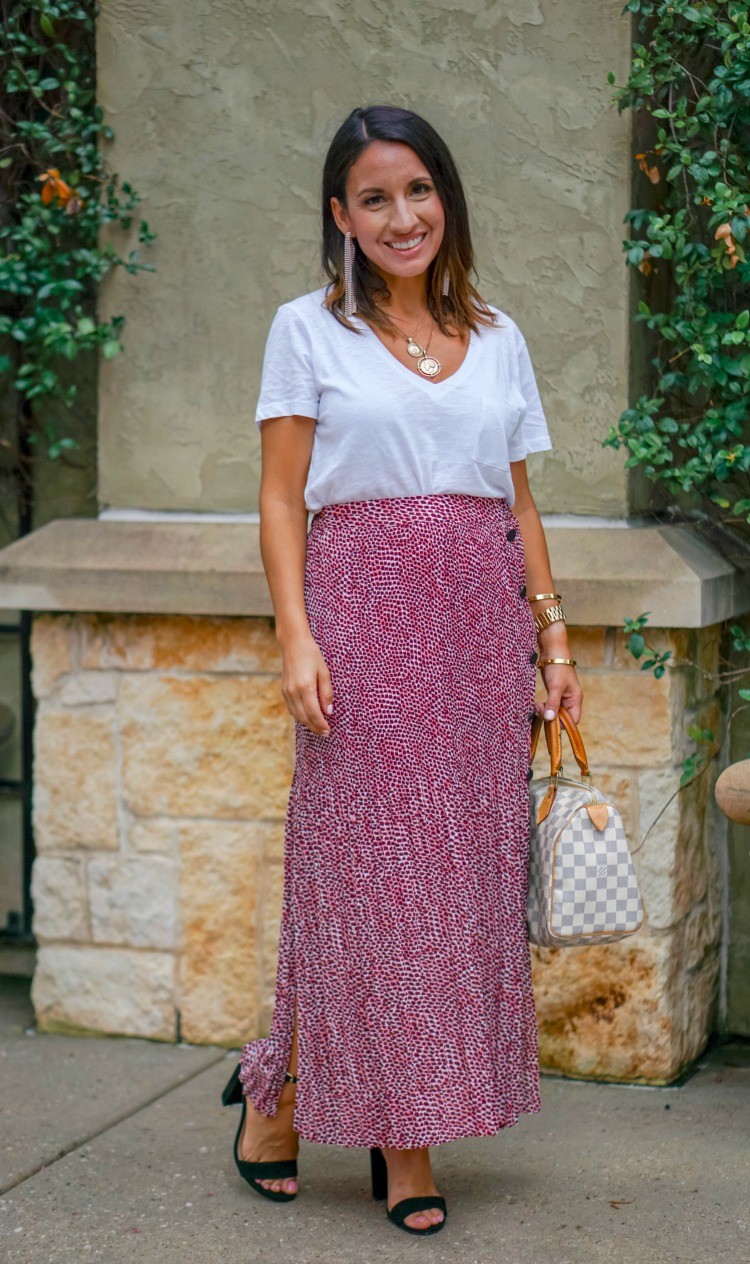 White T-Shirt, Red and White animal Print Pleated Skirt