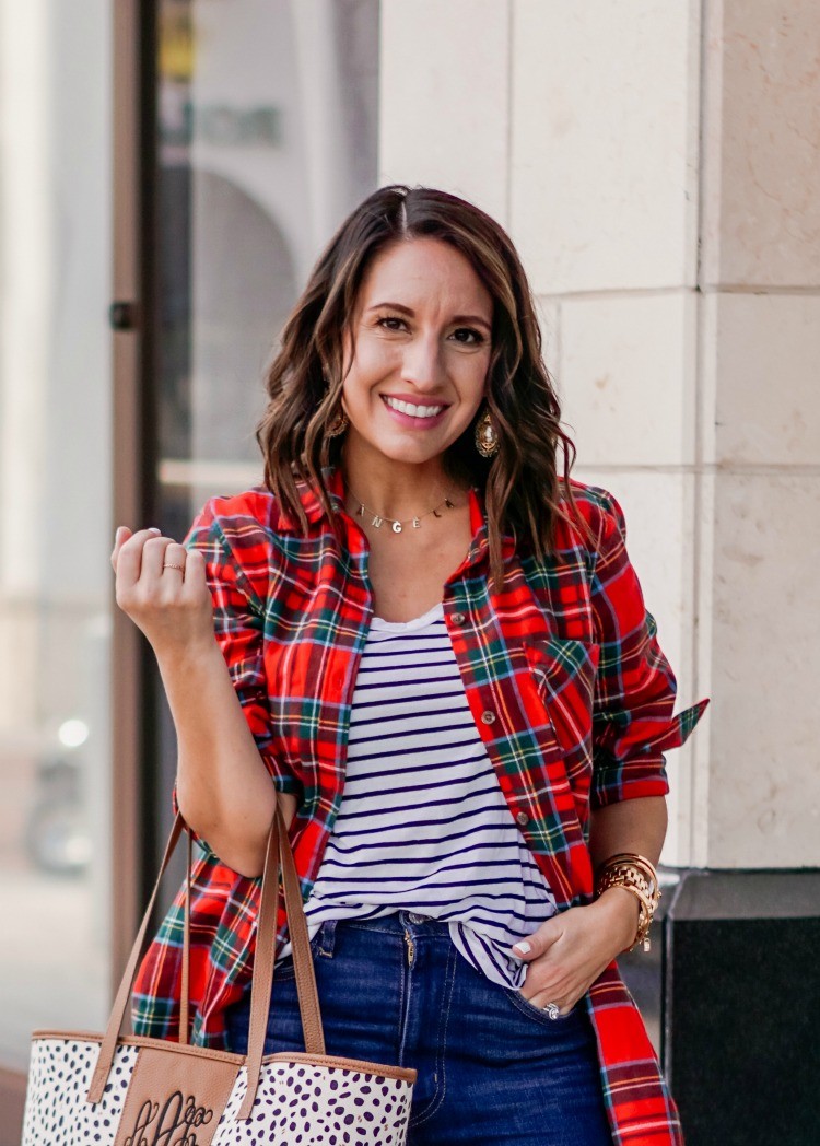 Festive Tartan Plaid Shirt_ Stripe tee and Siss Kiss Necklace