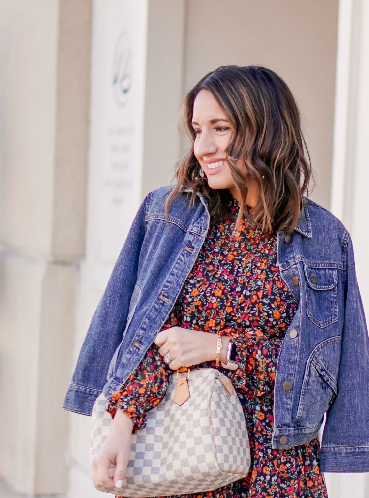 Jean Jacket and Dark Floral Dress