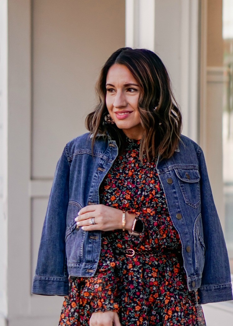 Jean Jacket_ Floral Dress_ Statement Earrings