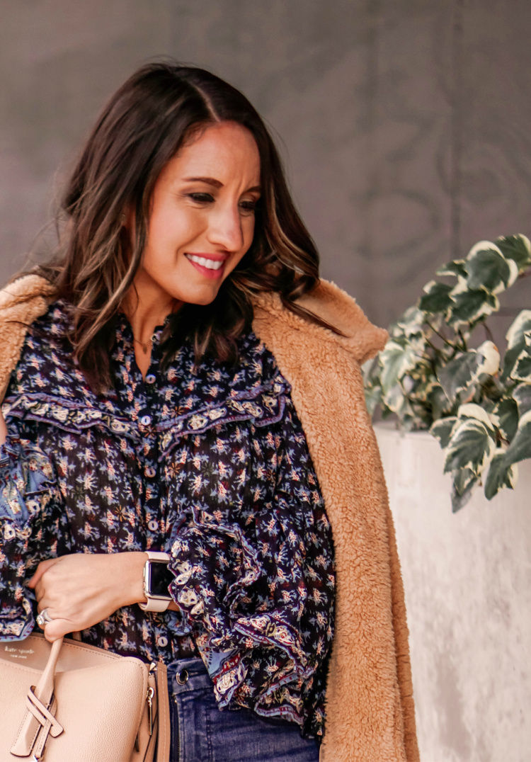 Cozy Teddy Bear Coat and Free People Floral Blouse