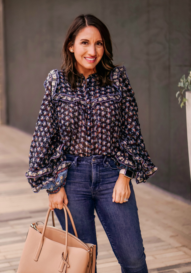 Free People Floral Blouse and Good American Jeans