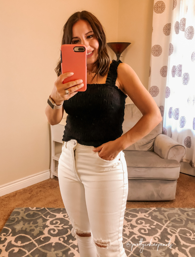 Black Smocked Tank Top and White Jeans