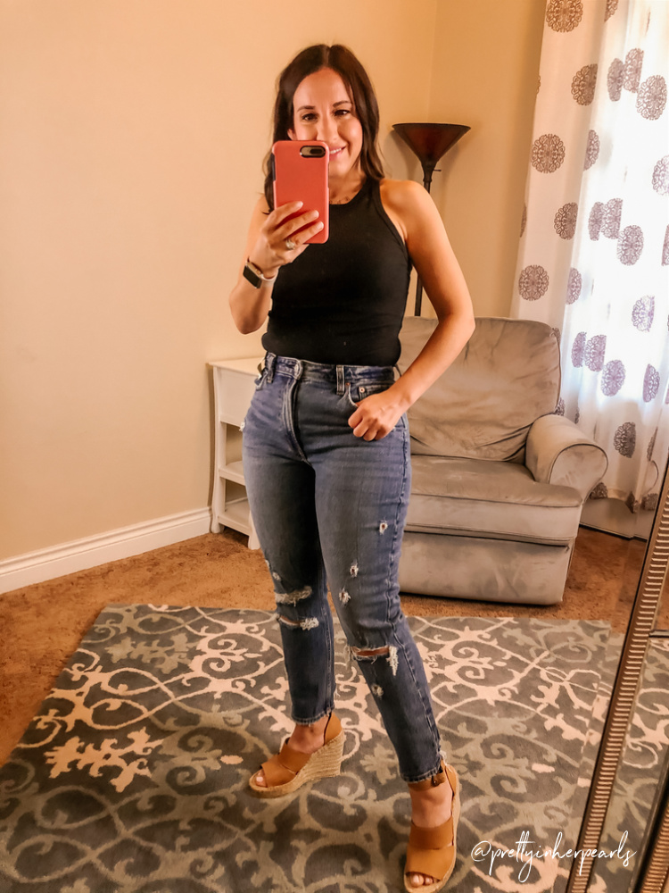 Abercrombie Black bodysuit and distressed momjeans