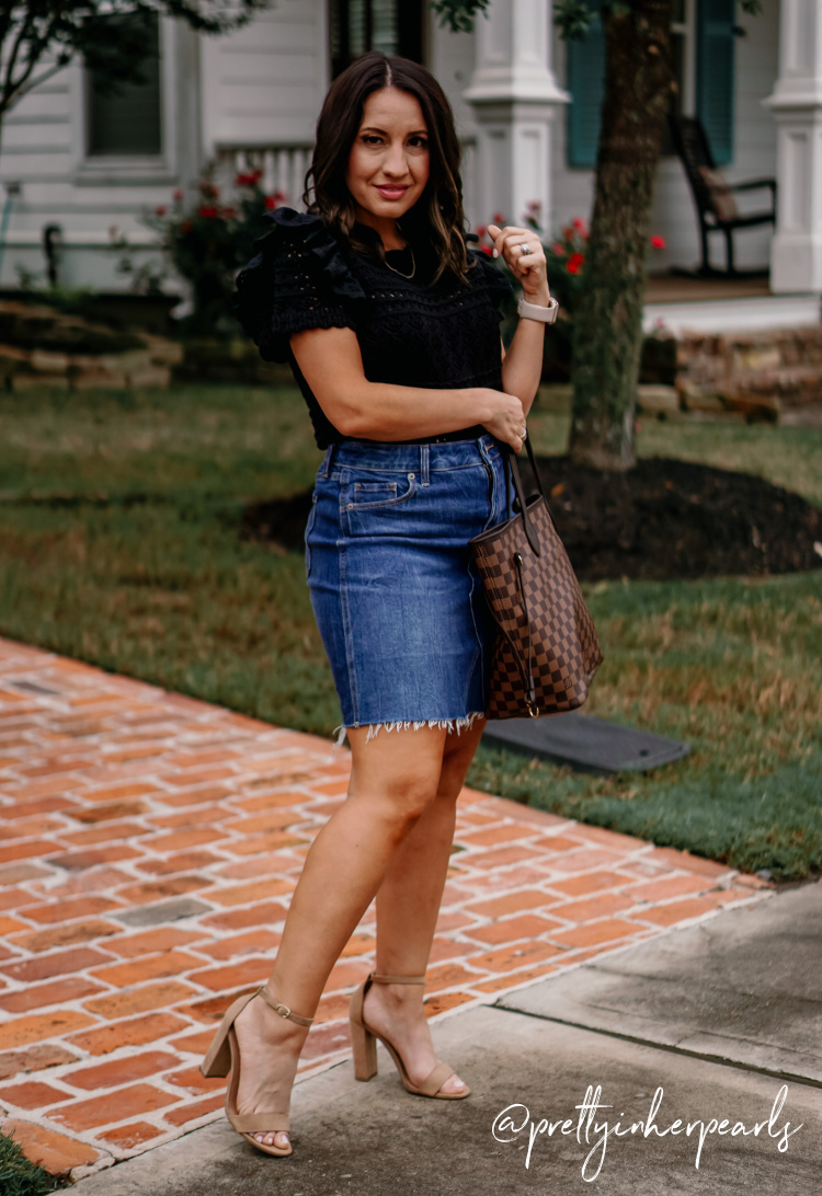 Walmart Eyelet Ruffle Blouse, jean skirt, and heels