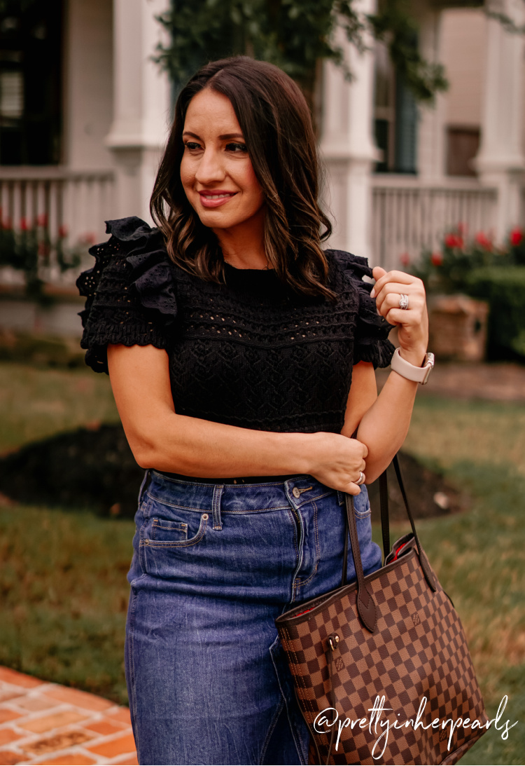 Ruffle Eyelet Crotched top and denim skirt