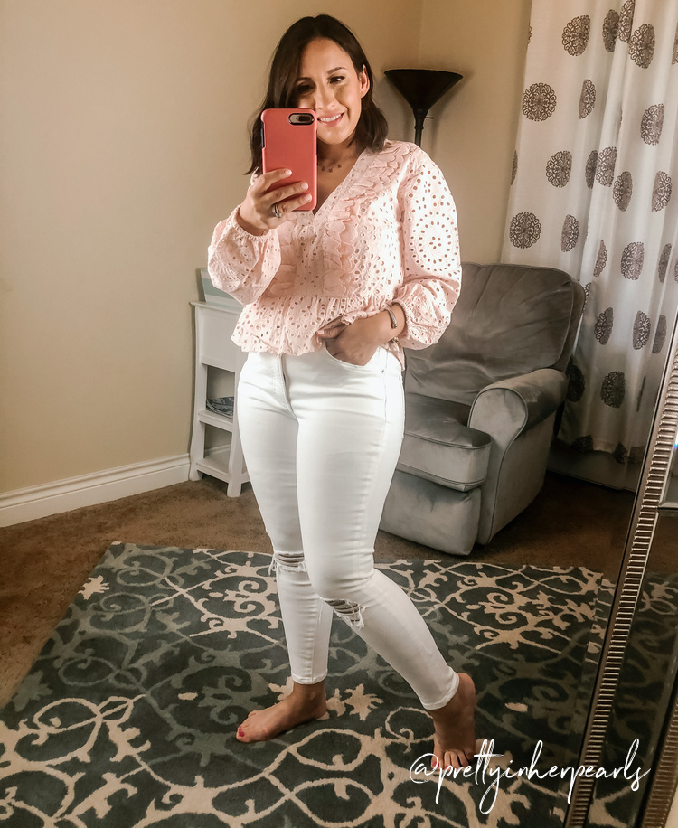 Light Pink Eyelet Ruffle Top and White Jeans