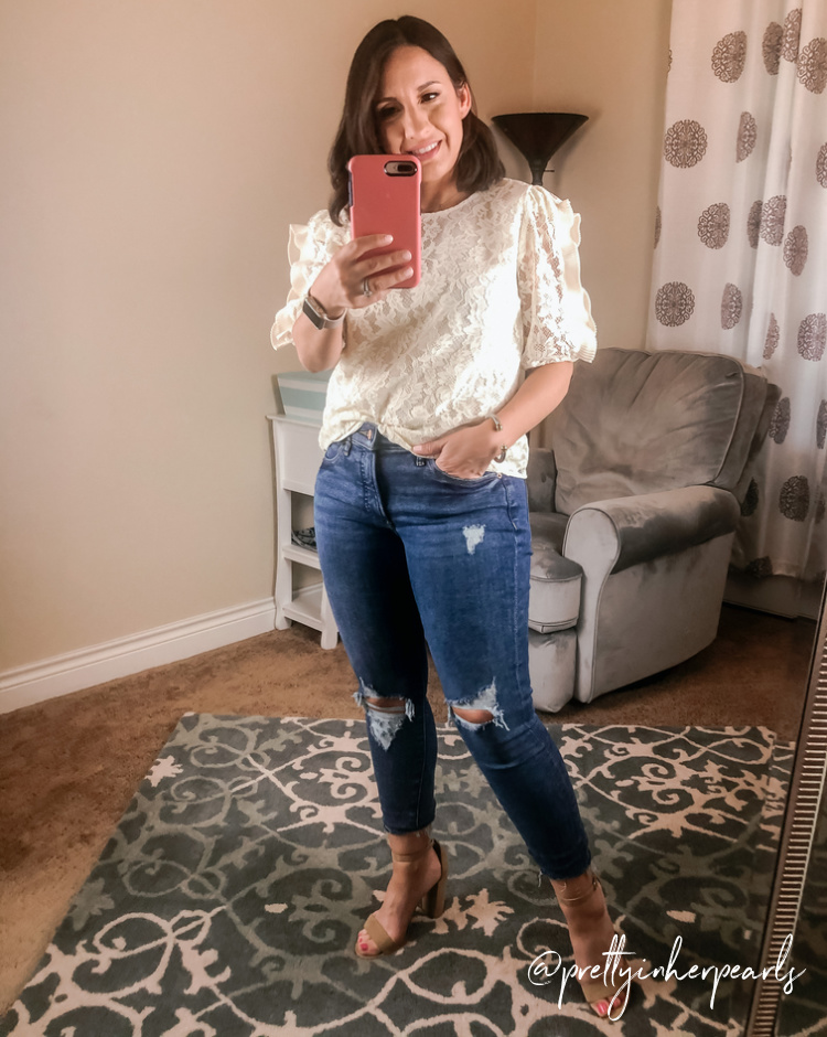 Express White Lace Ruffle Top and Skinny Jeans